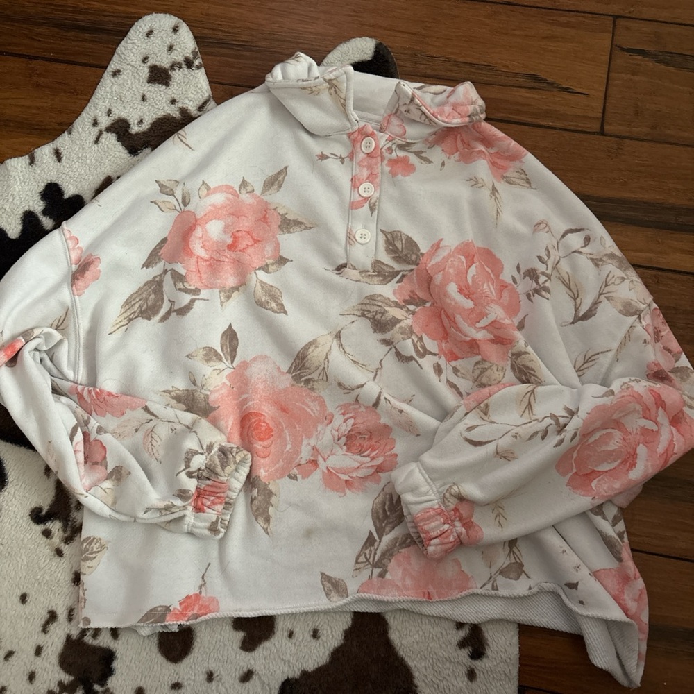 Floral Cowl Neck Sweater - Pink and Cream